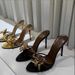 Women Black Genuine Leather Gold Metal Flower Open Toe Shallow Slip On Stiletto Heel Slide Slippers Sandals_vogvips.com