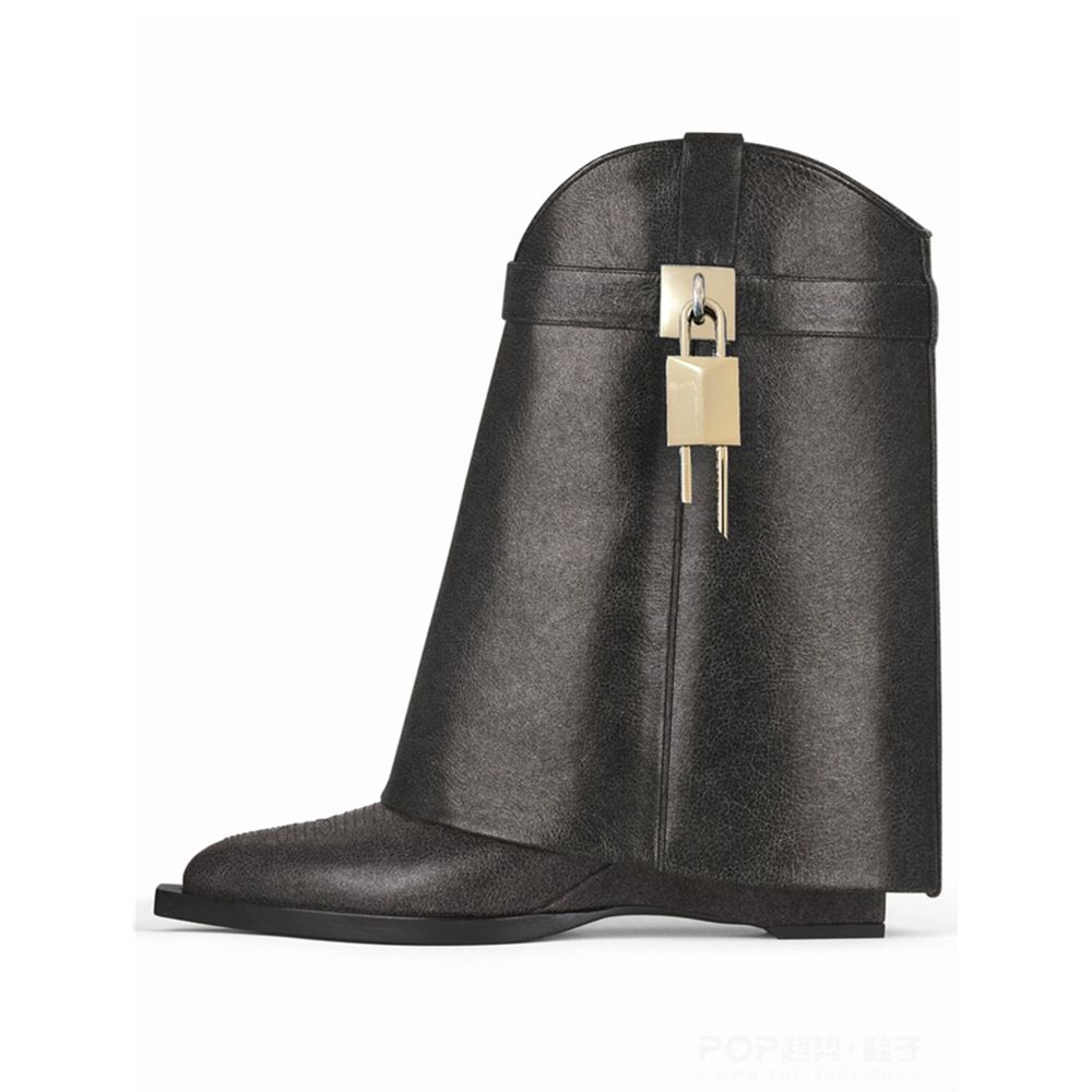 2023 New Pointed Toe Wedge Embossed Leather Mid-Calf Boots With Metal Buckle, Special Large Size Women's Shoes_vogvips.com