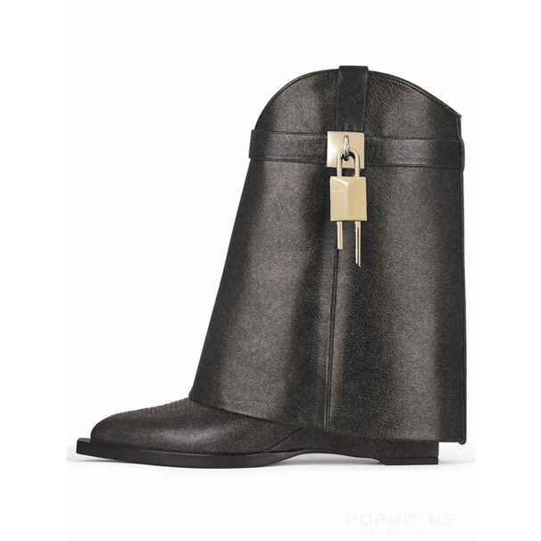 2023 New Pointed Toe Wedge Embossed Leather Mid-Calf Boots With Metal Buckle, Special Large Size Women's Shoes_vogvips.com