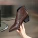 Pointed Toe Mid-Heel Leather 2025 New Autumn Winter Shoes Brown Women's Chunky Heel Low-Cut V-Neck Short Boots_vogvips.com