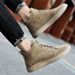 Flat-heeled Pigskin Velvet High-top Board Shoes Retro British Casual Round Head Lace-up Board Shoes Men's Shoes_vogvips.com