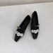 Sheepskin Version High Heeled Flat Slip On Ballet Shoes For Women With Square Toe And Shallow Mouth, One Piece Buckle And Flower Shoes_vogvips.com