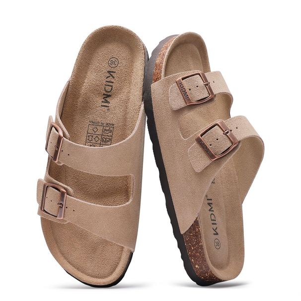 Bebealy Women's Summer Suede Slippers With Arch Support Fashion Double Buckle Geniuine Sandals Comfy Cork Footbed Beach Slides_vogvips.com