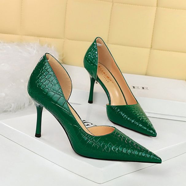 Skinny Super High Heel Thin Heel Shallow Mouth Pointed Side Hollow Patent Leather Snake Pattern Women's Shoes Single Shoes_vogvips.com