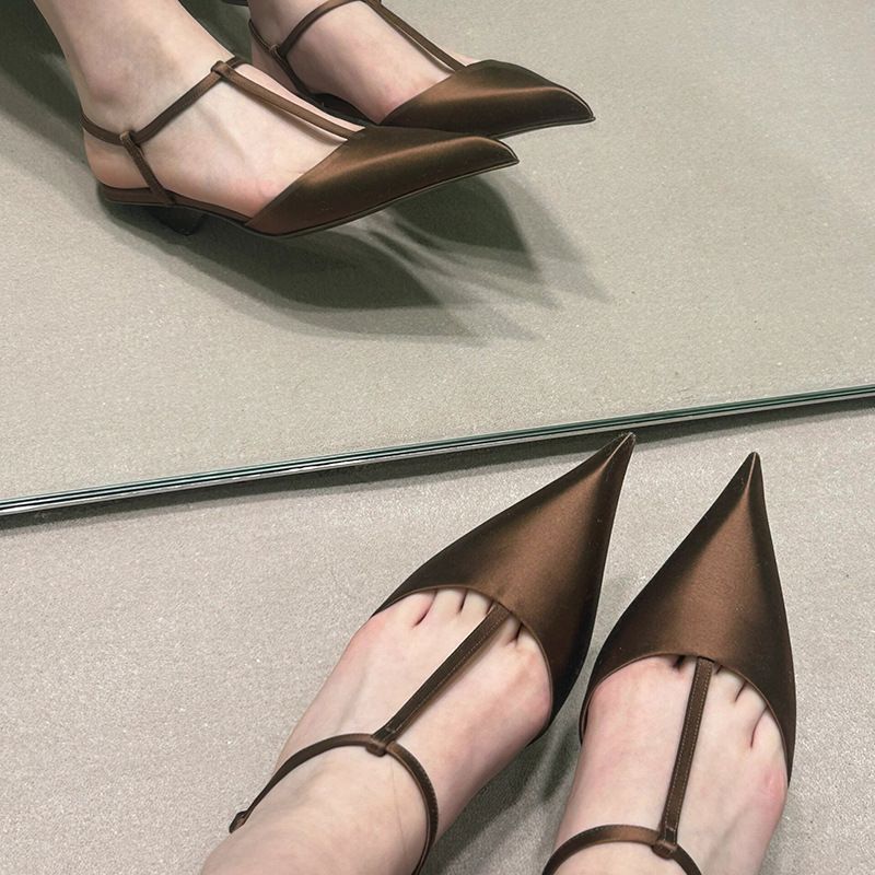 Elegant French-Inspired Kitten Heel Sandals – Pointed Toe Satin Slingback Shoes With Chunky Heel, Retro Summer Women's Dress Sandals_vogvips.com