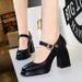 9613-1 Wind Thick High Heel Waterproof Platform Square Head Shallow Mouth Buckle Straight Belt Single Shoes Female_vogvips.com