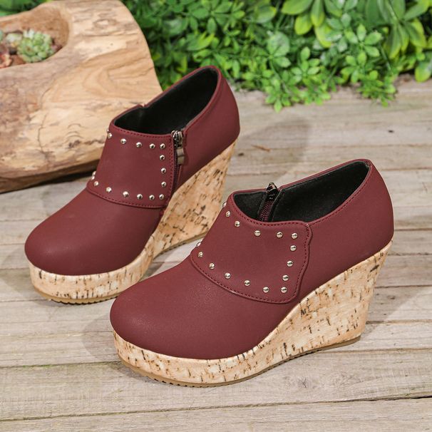 Women's over Platform Wedge Heel Shoes round Toe Thick Sole Side Zipper plus Size Spring New_vogvips.com