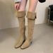 Girl Next Door, Millennium Style~! Retro Square-Toed, Ruched, Chunky-Heeled Stacked Fashion Boots, Mid-Calf Cowboy Boots_vogvips.com