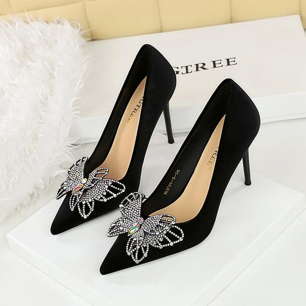 Double-layer bow embellished high heels Shelled velvet ultra high heels pumps for women_vogvips.com