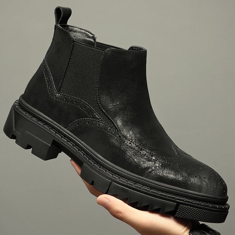 thick-soled Martin Boots Heightening Leather Boots Men's Shoes Velvet Leather Casual Medium And High-top Cigarette Tube Chelsea Leather Boots_vogvips.com