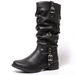 Women's High-Cowboy Boots Slip-On Wrinkle Stacked Western Riding Boots With Chunky Heel And Studded Details Cowboy Riding Boots_vogvips.com