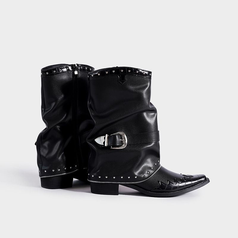 Gothic Punk Knee-High Boots With Flame Design, Chunky Heel & Studded Chains For Women - Retro Stacked Boots_vogvips.com