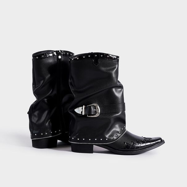 Gothic Punk Knee-High Boots With Flame Design, Chunky Heel & Studded Chains For Women - Retro Stacked Boots_vogvips.com