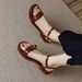 2025 New Summer Soft Leather French Brown Sandals For Women, Low Heels, Roman Outerwear, Flat Bottom, Straight Buckle_vogvips.com