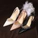 Women S Sheepskin French Rhinestone Design High Heels For Women Pointed Toe Stiletto Shallow Mouth Single Shoes Hollow_vogvips.com