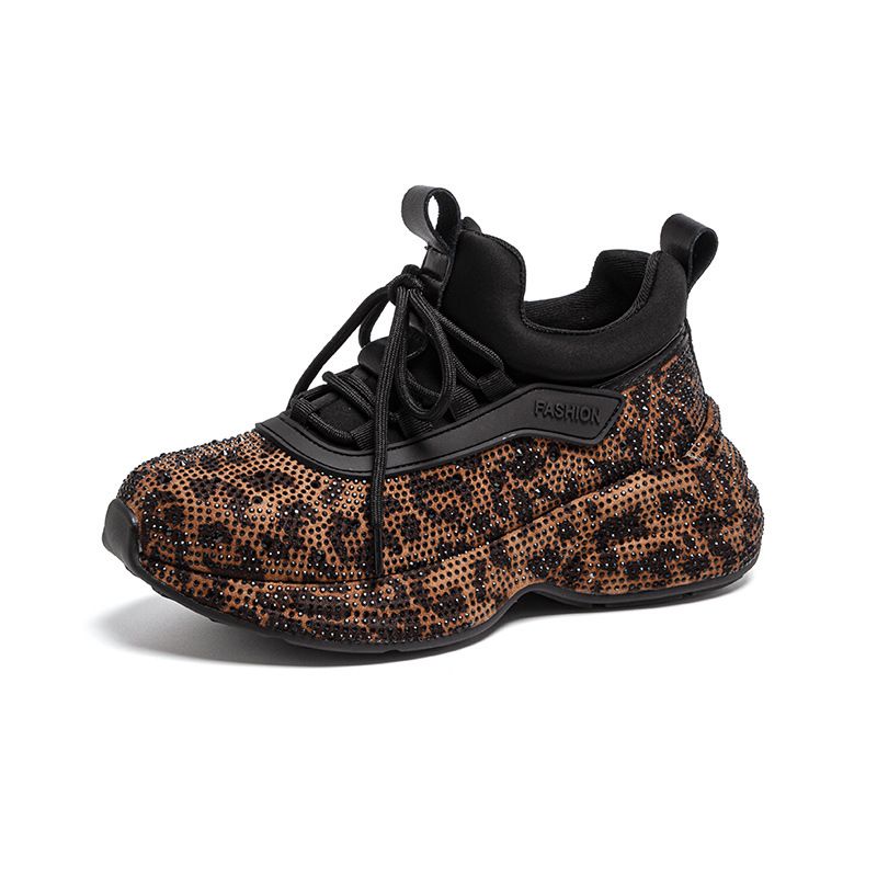 Y668 Dad For Women Ins Style Full Rhinestone Lace-up Casual Leopard Print Women's Shoes_vogvips.com