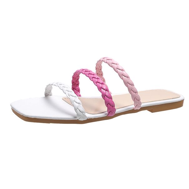2026 Summer New Square Head Flat Bottom Woven Hollow Slippers Women's Large Size Color Matching Outside Wearing Beach Cool Slippers_vogvips.com