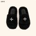 2025 Same Style SMFK Black Balloon Furry Slippers For Women Height Increasing Thick Sole Cross Flower Wearable_vogvips.com