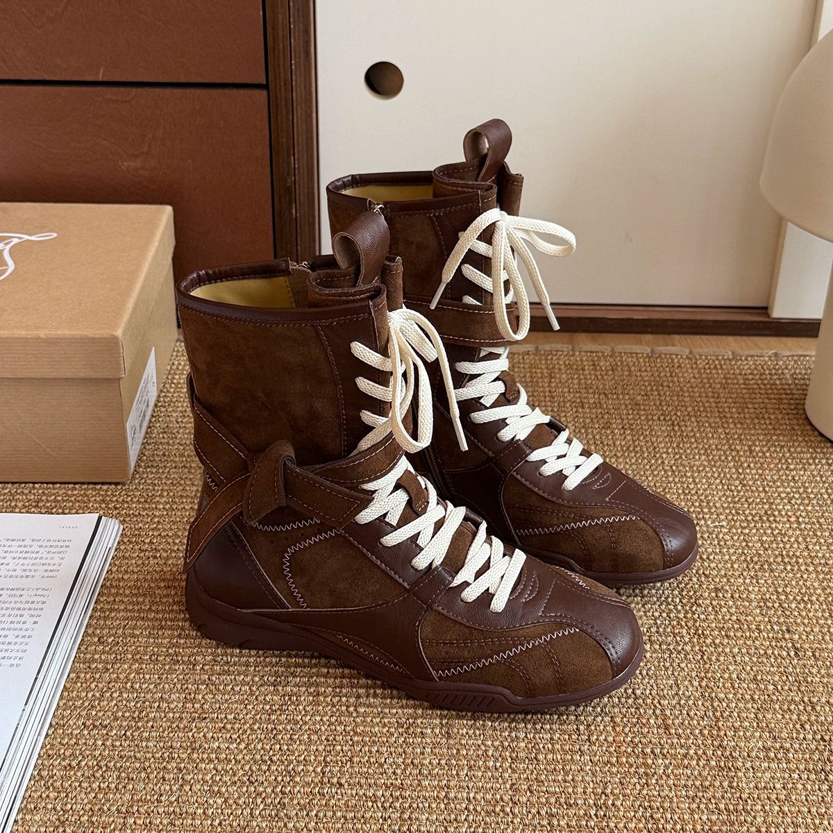 Vintage Matte Niche Martin Boots Lace-up Boxing Boots Round Boots Women's Versatile Mid-range Western Boots_vogvips.com