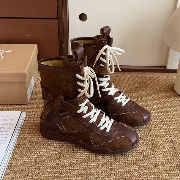 Vintage Matte Niche Martin Boots Lace-up Boxing Boots Round Boots Women's Versatile Mid-range Western Boots_vogvips.com
