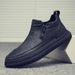 Men's Slip-On Mid-Top Zipper Casual Shoes Black Motorcycle Leather Trendy Sneakers_vogvips.com
