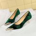 Women's fine mid-heels shallow cut metal pointed floral embossed suede pumps_vogvips.com