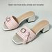 Women's Pink Plaid Pearl Buckle Square Toe High Heeled Sandals 4.0 Cm Chunky Heel Casual Summer Shoes_vogvips.com