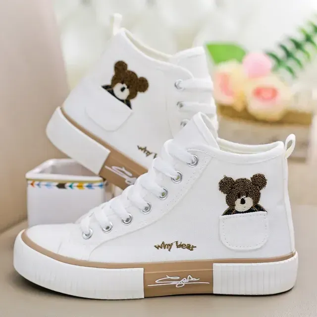 Comemore High-top Canvas Woman Vulcanized Shoes Flats Casual Espadrilles For Women Spring Lady Black White Bear Lace Up_vogvips.com