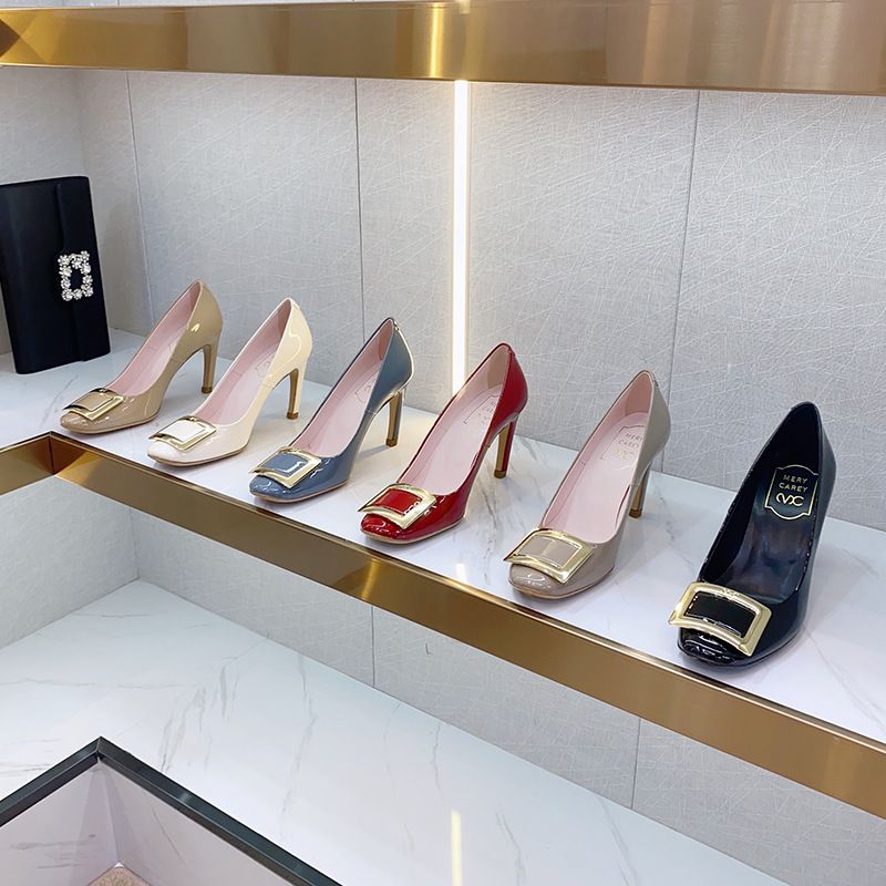 RV Patent Leather Round-Toe High-Heeled Stiletto Heel, Low-Cut Women's Shoes With Metal Square Buckle, Professional OL_vogvips.com