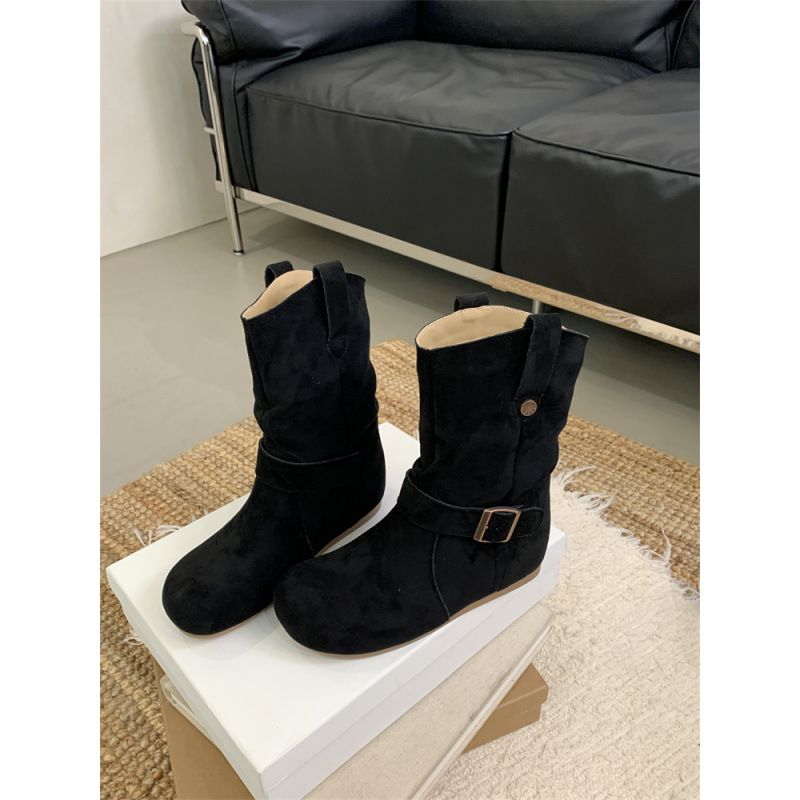 Inner Height Increase Versatile Slouch For Women 2025 Autumn Winter New Thick Sole Round Toe Suede Short Boots_vogvips.com