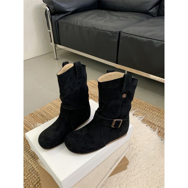 Inner Height Increase Versatile Slouch For Women 2025 Autumn Winter New Thick Sole Round Toe Suede Short Boots_vogvips.com