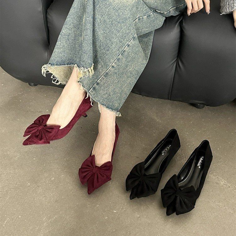 French Pointed Shallow Mouth 2025 New Autumn Bow Thin Heel High Heels, One Foot Work Women's Single Shoes_vogvips.com