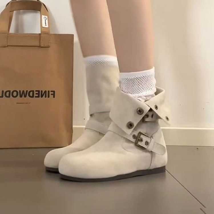 Solid Color Retro Suede Two-Way Short Western Cowboy Fashion For Women 2025 Autumn Winter New Martin Boots_vogvips.com