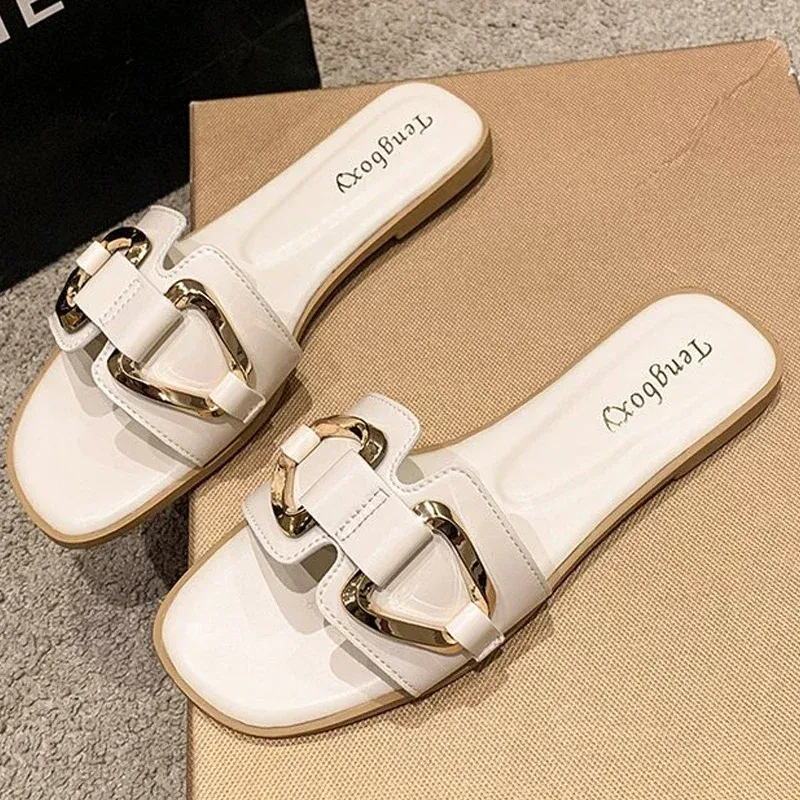 Women Metal Decor Single Band Flat Sandals Fashion Sexy Open Toe Outdoors Slides Luxurious Office Ladies Party Female_vogvips.com