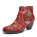 WalkPrime Blue Dream Butterfly European And American Retro Red High Heels Top Layer Cowhide Patchwork Low Tube Ethnic Style Flower_vogvips.com
