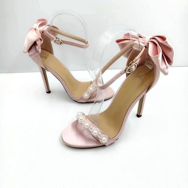 Pink Bowknot Pearl Strap High-heeled Sandals With Satin Surface, Super Fairy-like Shoes, Internet Celebrity Style,_vogvips.com