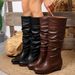 Women's Plus Size Pleated High Boots British Style Chunky Heel Retro Slip-On PU Suede Mid Heel Long Boots For Autumn_vogvips.com