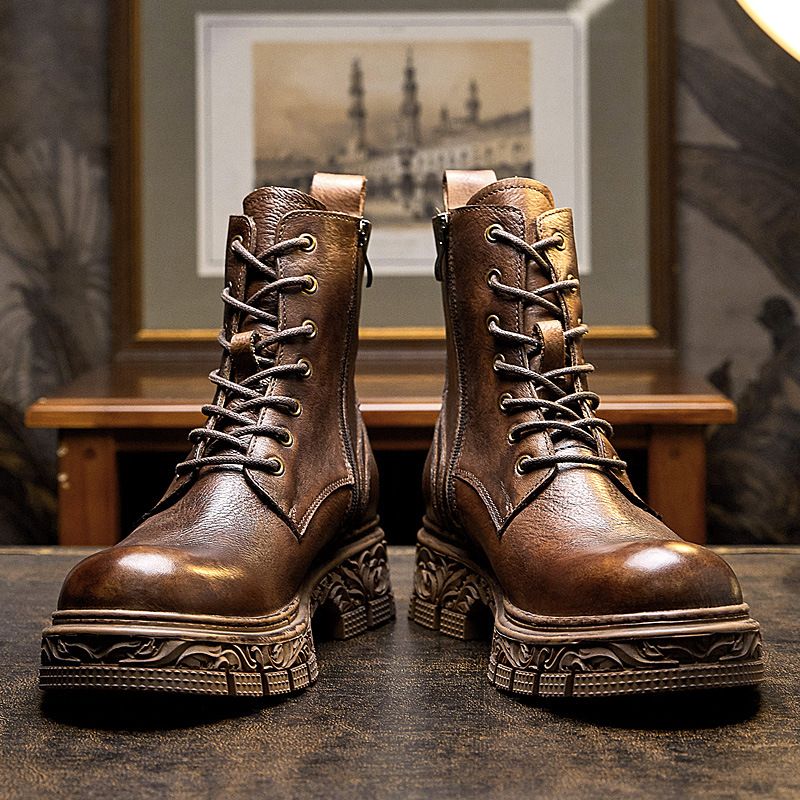 European Warm Series Autumn Winter Martin Genuine Leather Top Layer Cowhide Short British Style Fleece Lined Work Boots Trendy High-top Men's_vogvips.com
