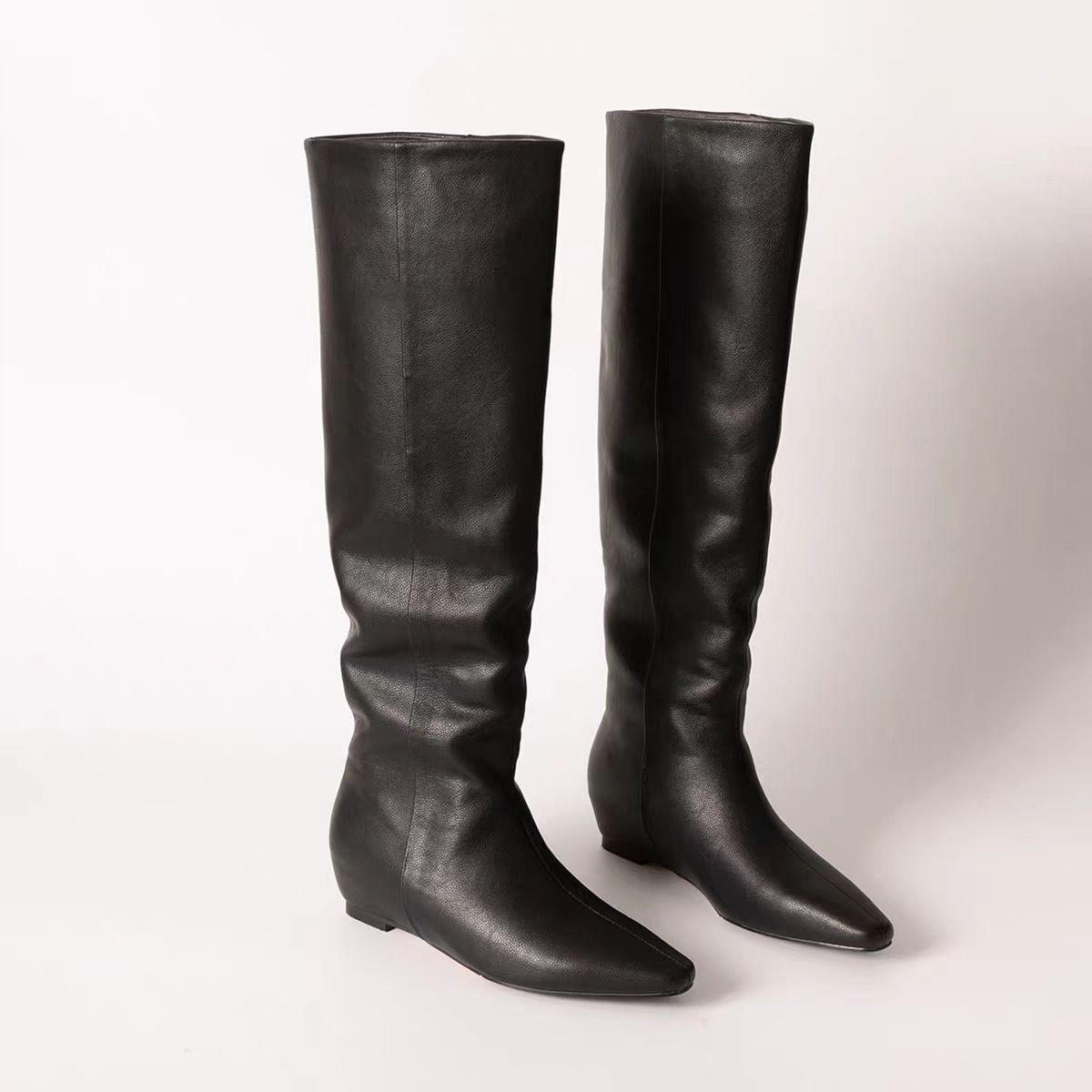 Cowhide Version~-Inner Height Increase Black Genuine Leather Long For Women, Over-the-Knee Style, Small Square Toe, Flat_vogvips.com