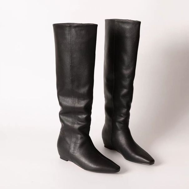Cowhide Version~-Inner Height Increase Black Genuine Leather Long For Women, Over-the-Knee Style, Small Square Toe, Flat_vogvips.com