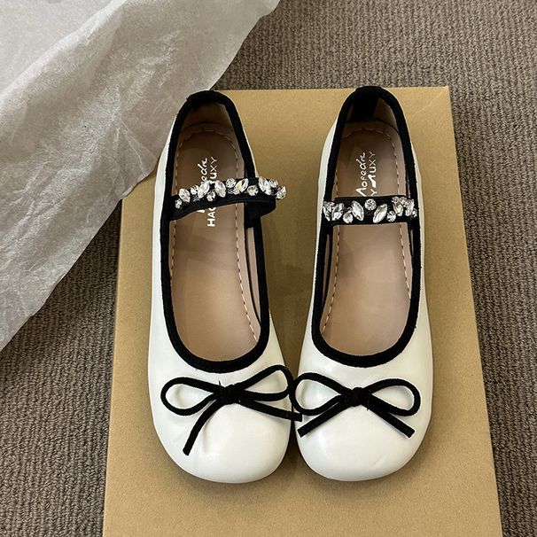 Women's Round Head Cowhide Women's Casual Single Shoes Flat Shoes Low Heel Single Shoes Rhinestone Princess Shoes Evening Shoes_vogvips.com