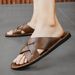 Summer Mens Flat Leather Slippers Slides Slip-on Sandals Thin Soles Retro Style Anti-skid Breathable Comfortable Big_vogvips.com