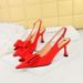 3716-H25 Fashion Slimming Korean Women's With Satin Shallow Mouth Pointed High Heel Hollow Back Strap Bow Single Shoes_vogvips.com