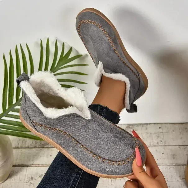 selg long sleeved womens winter round toe plush warm solid flat casual comfortable snow boots 240904_vogvips.com
