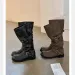 Vintage Buckle Strap Knee High Women Distressed Faux Leather Low Block Heel Slip On Casual Western Tall Boots_vogvips.com