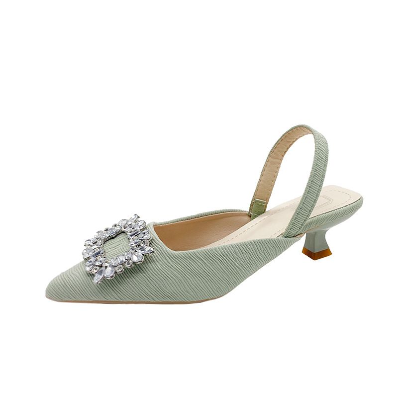 Baotou Sandals For Women 2024 New Summer Rhinestone Square Buckle Fairy Open Back French Style Thin High Heel Pointed_vogvips.com