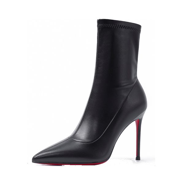 2025 Autumn Winter New Elastic Slim Leather Red Sole Pointed Toe Stiletto Heel Elegant Black Short Boots For Women_vogvips.com