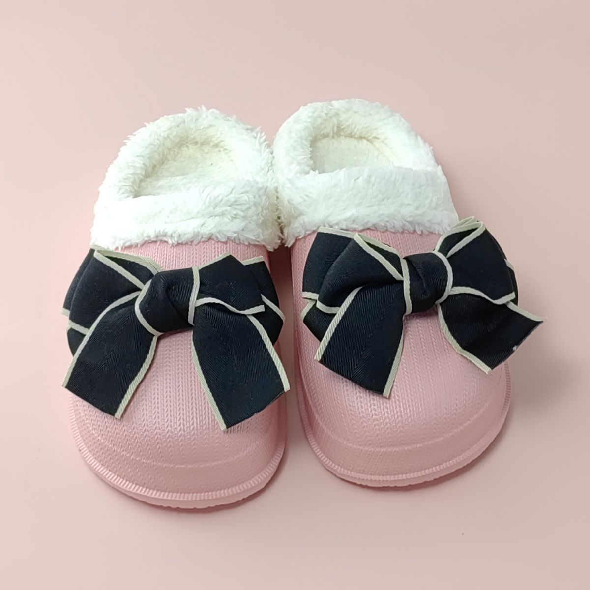 Women's Cotton Cute Bowknot Home Indoor Non-Slip Black Warm Slippers Autumn Winter_vogvips.com