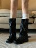 2025 Black Booties New Fashion Round Toe Belt Buckle Mid-Calf Knee-High Slimming Chunky Heel Riding Boots_vogvips.com