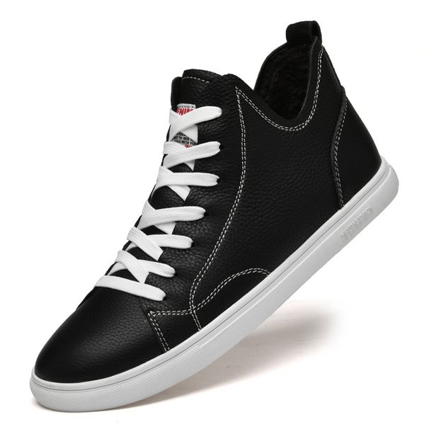 Fleece Warm Cotton Shoes Medium Top Board Shoes Men's Casual Shoes Leather Splicing Large Size Men's Shoes_vogvips.com